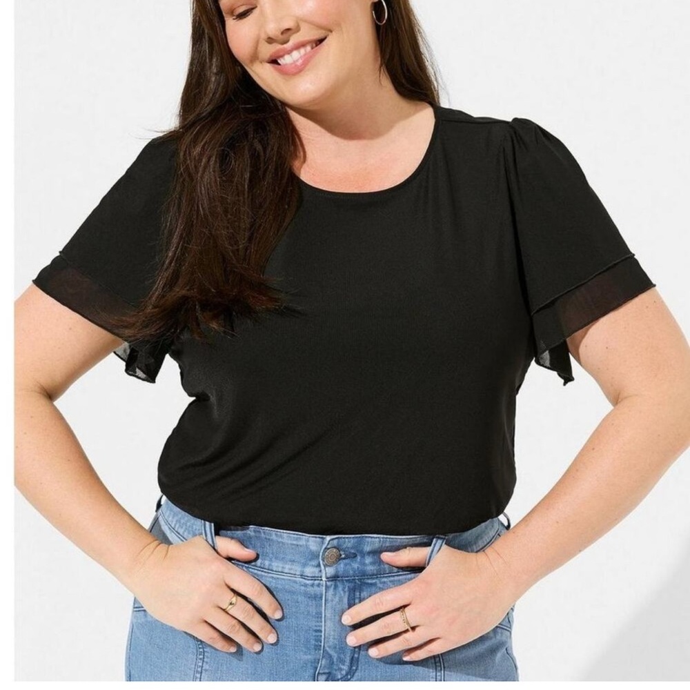 Torrid 1X Stretch Knit & Mesh Top Double Flutter Sleeve Tee Office Minimalist